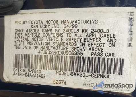 1999 Toyota Camry Le z USA, uszkodzony, nr VIN 4T1BG22K0XU906355